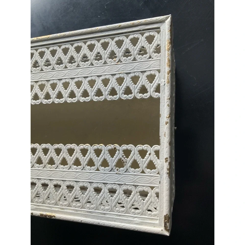 Vintage Metal Gold Cream Filigree Tissue Box Cover Hollywood Regency Felt Bottom